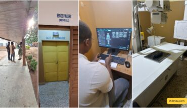 IHD digital radiography upgrade at a government hospital in Benin - imaging department entrance, acquisition workstation and the existing fixed X-ray system fitted with a wireless flat panel detector