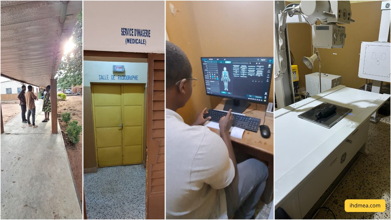IHD digital radiography upgrade at a government hospital in Benin - imaging department entrance, acquisition workstation and the existing fixed X-ray system fitted with a wireless flat panel detector